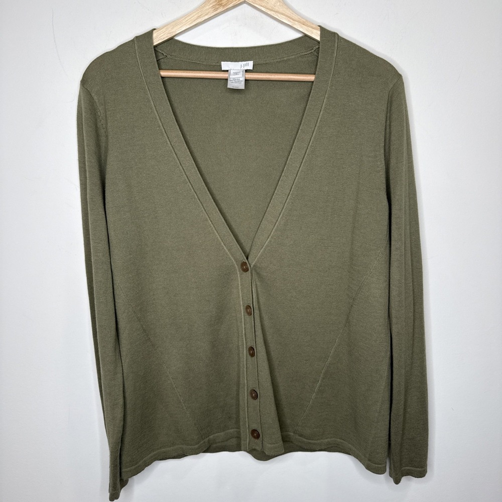 J Jill Silk Blend Knit Cardigan Womens M Petite Green Button Up Office Quiet Lux